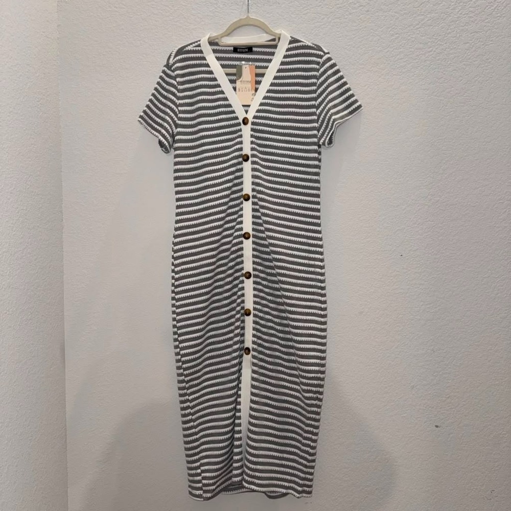 NWT BTFBM Womens L Contrast Striped V-Neck Short Sleeve Midi Dress Textured Knit